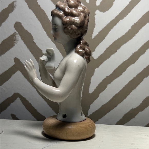 Elegant Porcelain Bust Pin Cushion Doll with Brown and Cream Accents - Picture 2 of 6